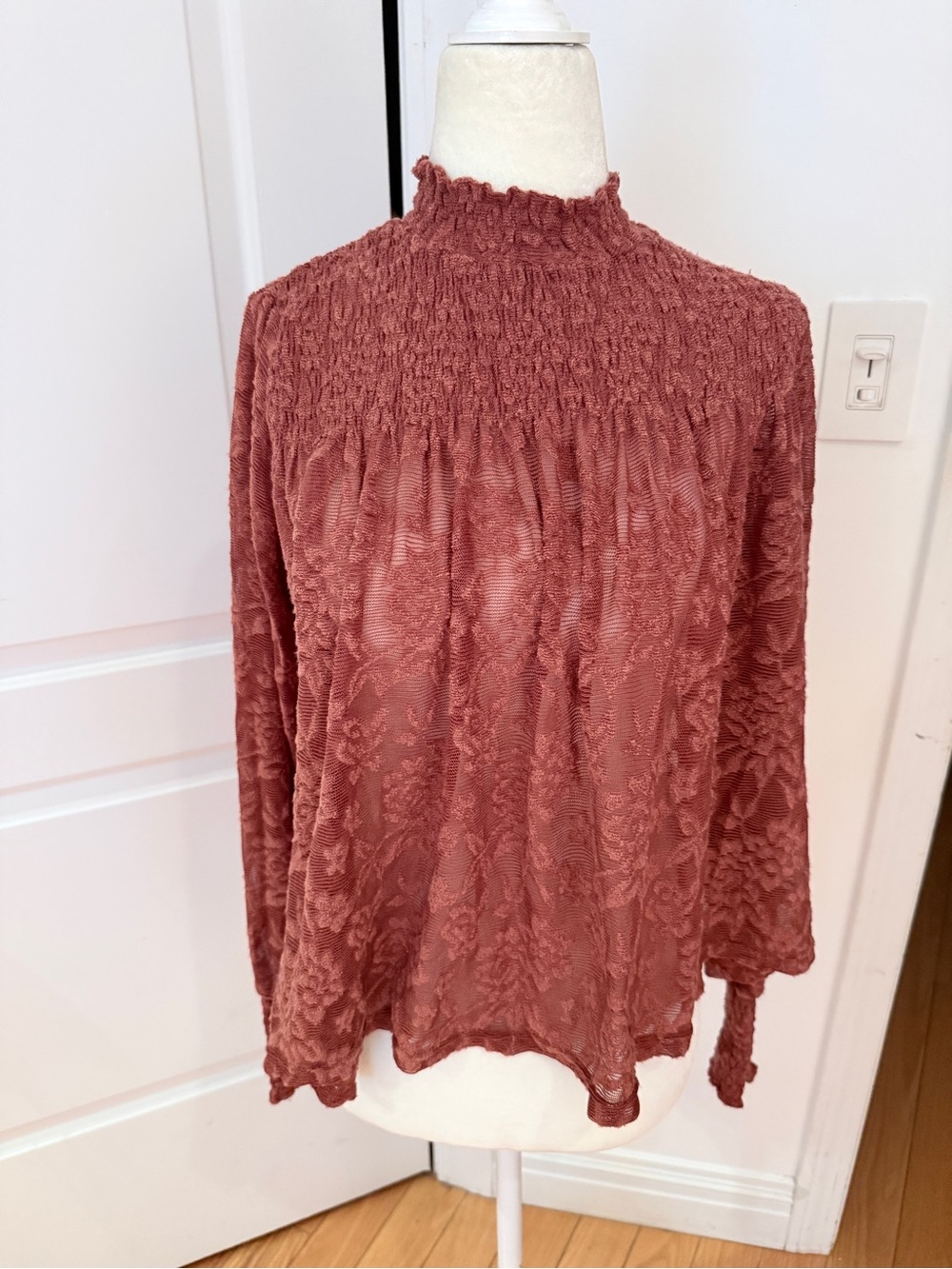 Smocked High-Neck Long Sleeve Blouse - Dusty brown